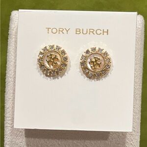 Tory Burch Gold Crystal Halo Logo Stud Earrings